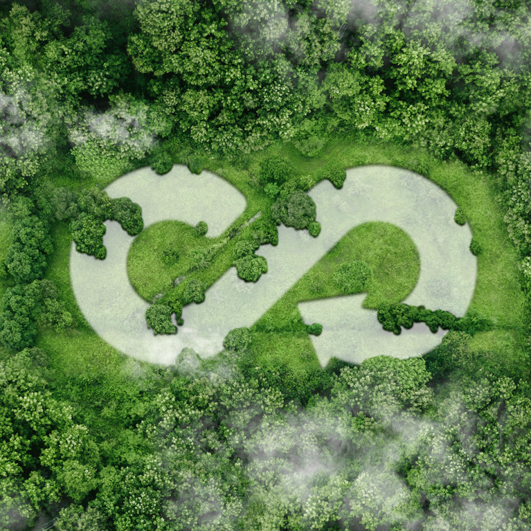 Aerial view of a dense green forest with an infinity-shaped recycling symbol formed by clearings and vegetation in the centre. Soft mist drifts over the treetops, creating a visual representation of sustainability, circular economy principles and environmental conservation.