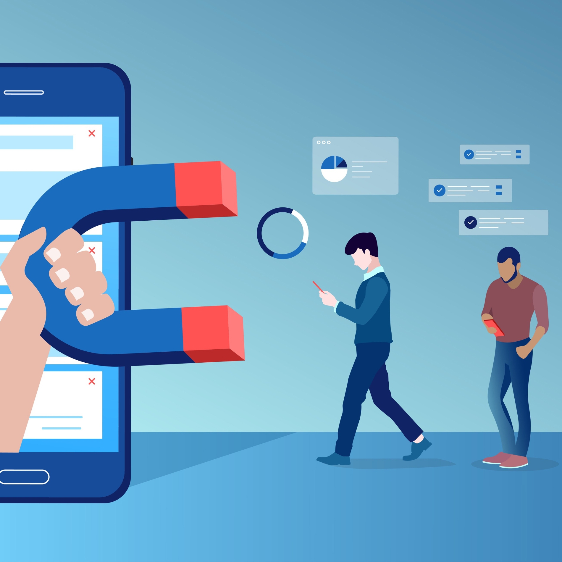 A magnet foregrounded in an illustration of people hooked on their phones