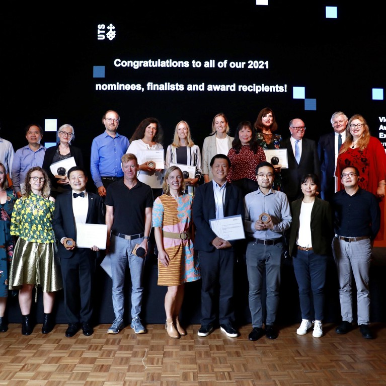 Group of winners on stage at the 2021 University of Technology Sydney Vice-Chancellor’s Awards for Research Excellence