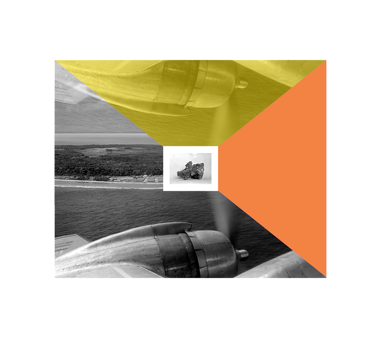 Montage of photographs the main image showing a photo taken from an aircraft looking out over the wing mounted propellor towards a village nestled close to a beach. In the centre is an image of an unusually shaped rock.