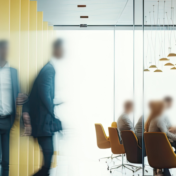 a picture of a crowd in an office, faces are blurred