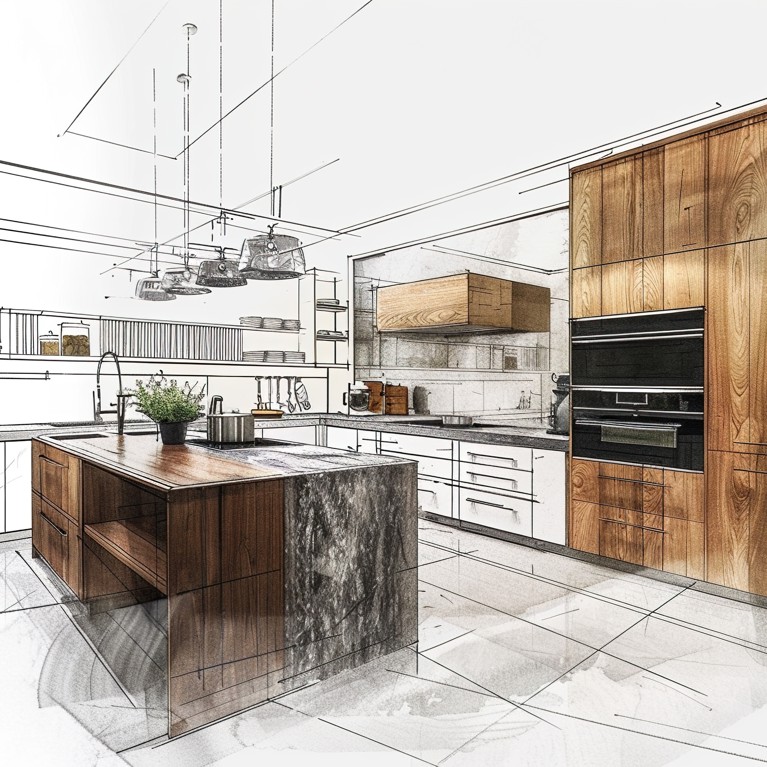 Sketch of a modern kitchen blending hand-drawn elements with photo realism. Features wood cabinetry, stone island, and hanging lights. Clean, stylish vibe.