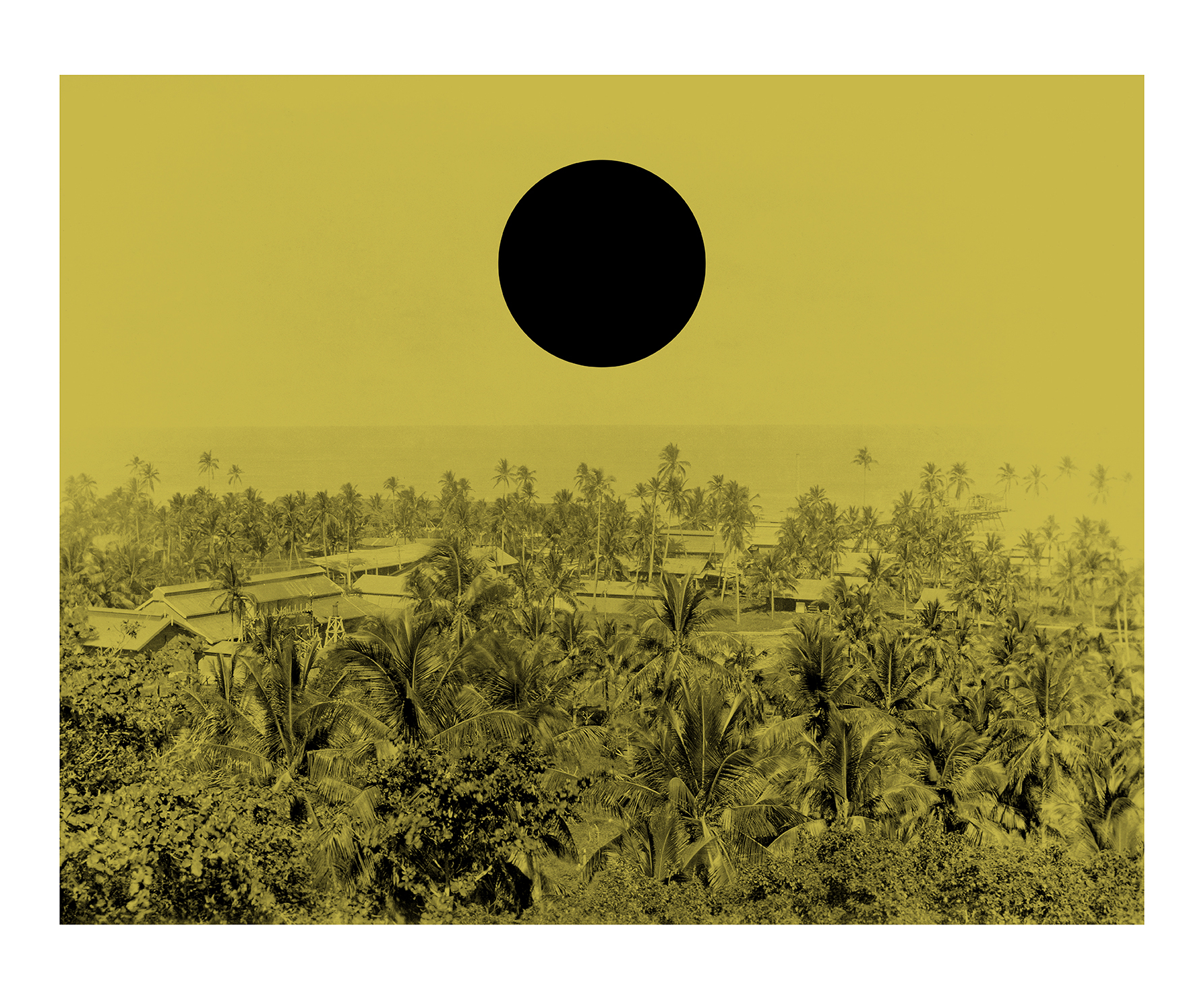 A close up of a sepia print from the historic photographs of Nauru showing a wide shot of a village with a black disk in the centre of the sky.