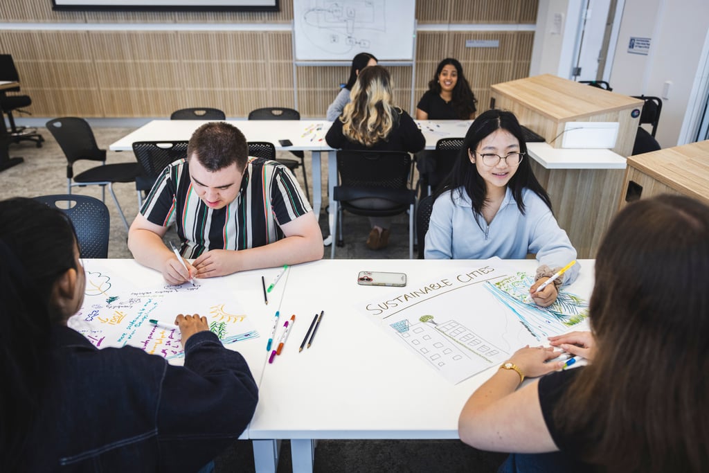Students sitting at a table with sheets of paper and markers.