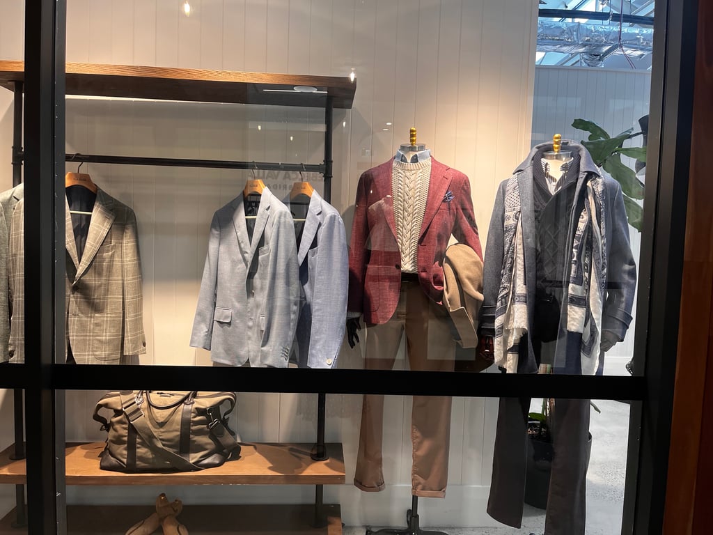 MJ Bale menswear through a shopfront window