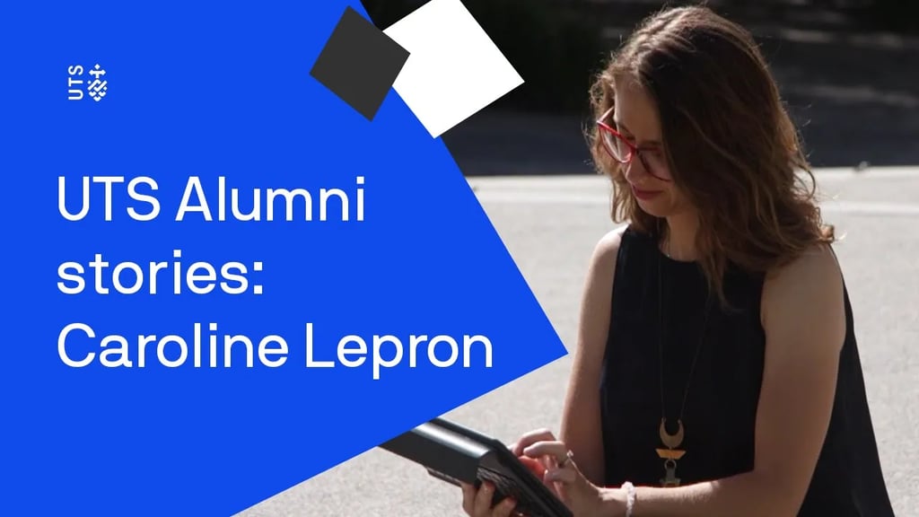 Blue UTS data visual graphics take up the left hand corner of the screen with the words "UTS Alumni stories: Caroline Lepron". To the right hand corner of the screen Caroline sits on Alumni Green with a tablet in her hand. She is wearing a black dress and glasses.