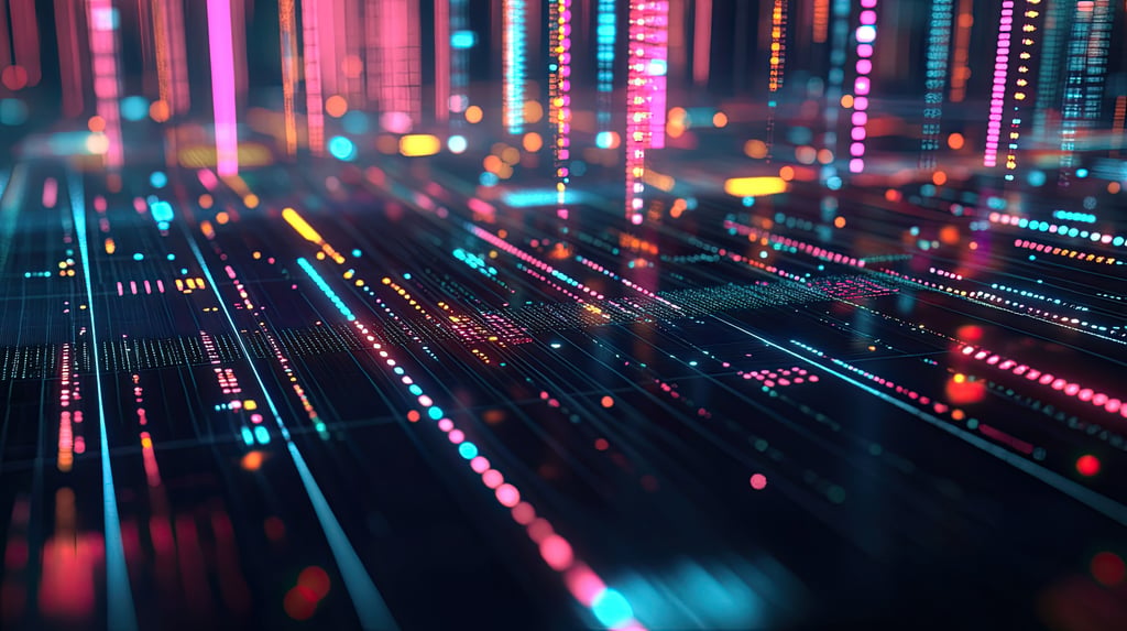 Futuristic neon abstract with glowing lights and vibrant colors, evoking a cyberpunk aesthetic