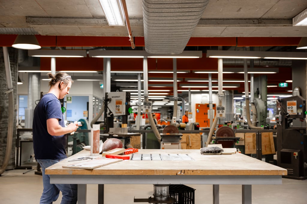 Workshop/studio spaces in DAB Building 6, Design students collaborating and working on projects