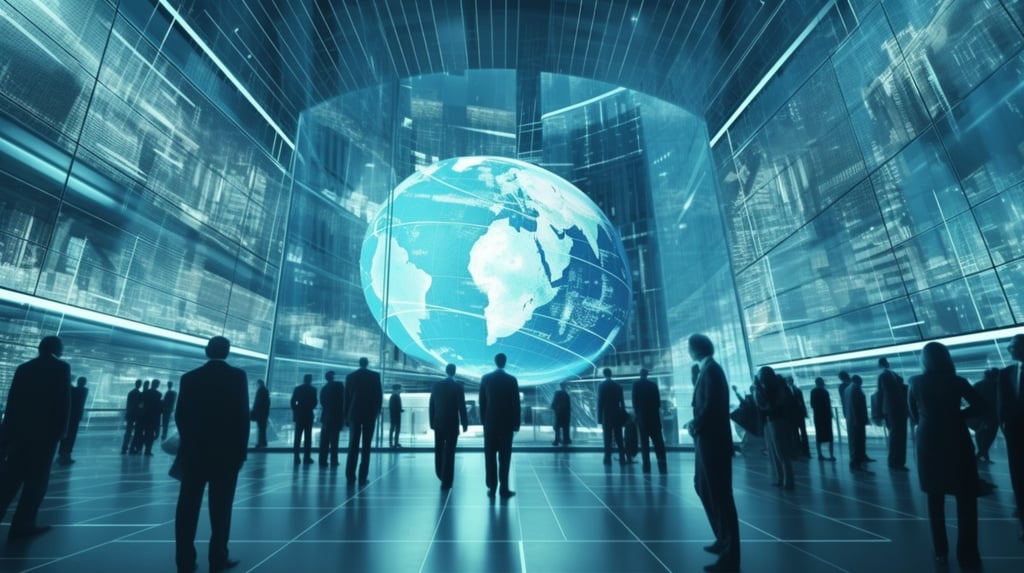 Silhouetted figures standing in a modern, glass-walled space facing a large illuminated digital globe.
