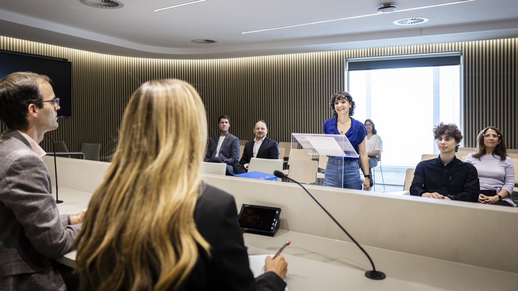 In a court setting. The lawyer is speaking to the judges. The client and audience looking at the judges
