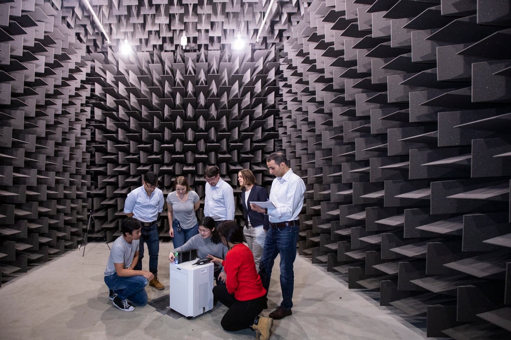 A group of students in the Antenna Chamber at the University of Technology Sydney Tech Lab.