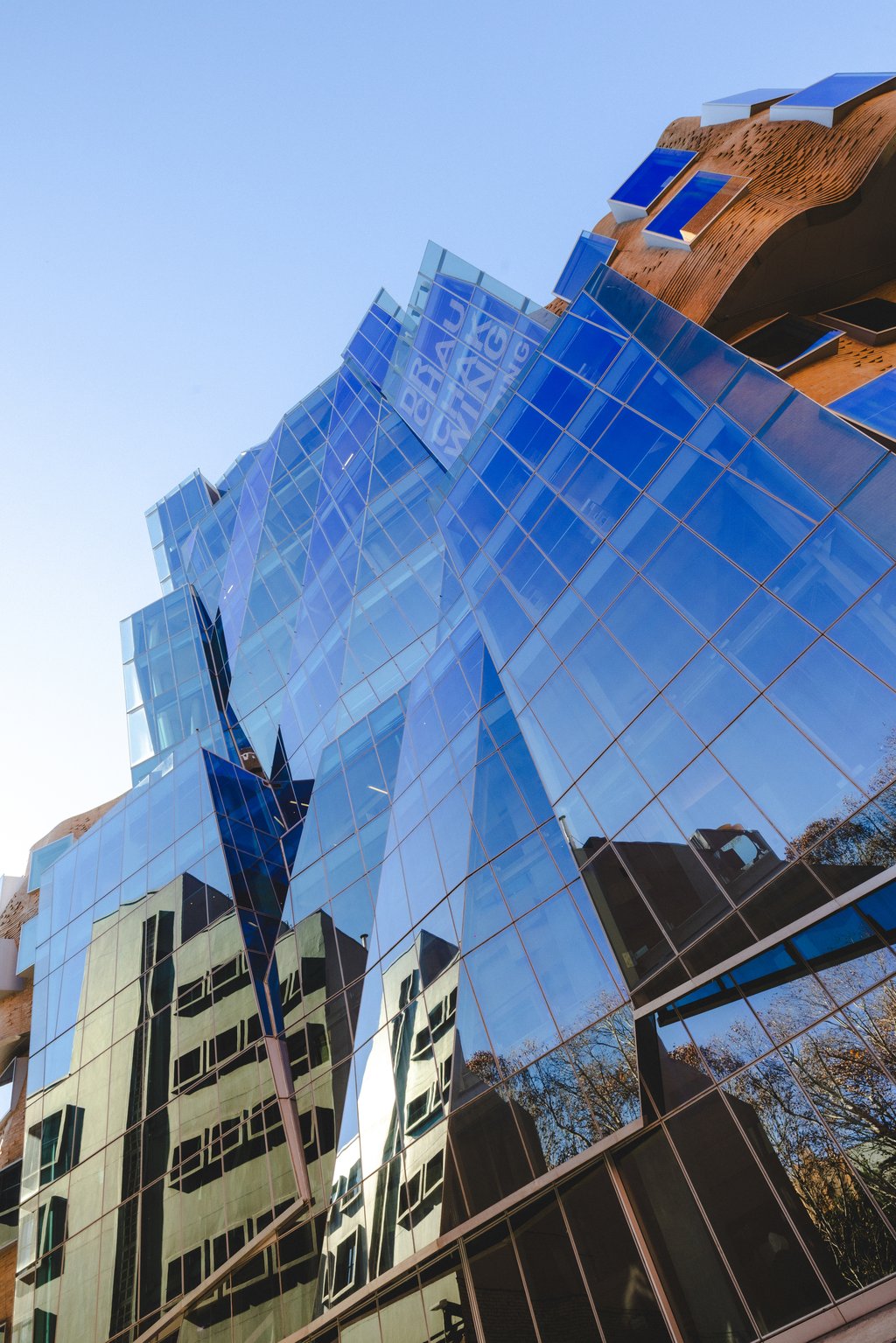 External view of the glass wall side of the Chau Chak Wing Business building.