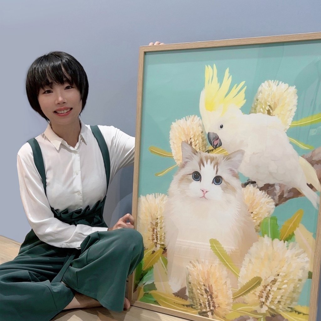 University of Technology Sydney animation production student Yuqing Wei next to one of her artworks.