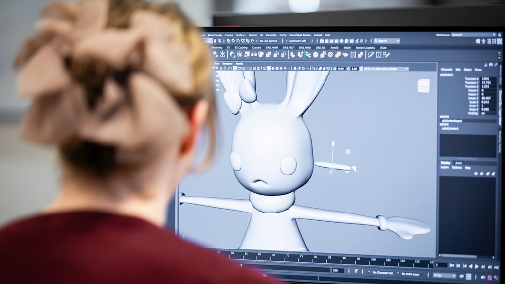 Student sitting in front of computer with animation software on the screen.