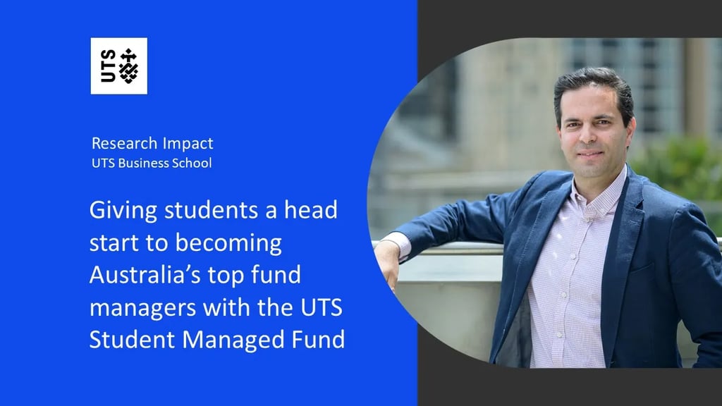 Dr Lorenzo Casavecchia standing outdoors at the University of Technology Sydney campus. Overlaid on the image is a square blue graphic with the text: "Research Impact: UTS Business School. Giving students a head start to becoming Australia's top fund managers with the UTS Student Managed Fund".