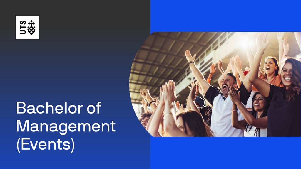 Bachelor of Management (Events) graphic overlayed a stadium of cheering fans.