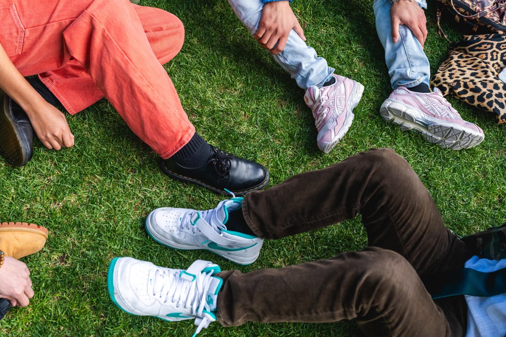 A group of student sneakers and leather shoes at UTS Alumni Green during Open Day