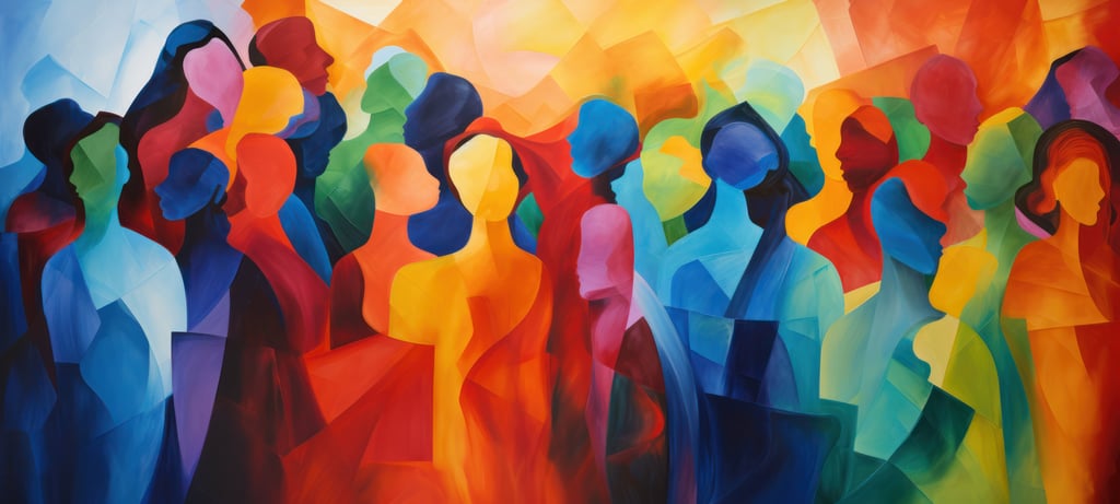 Abstract colourful art watercolour painting depicts a diverse group of people united