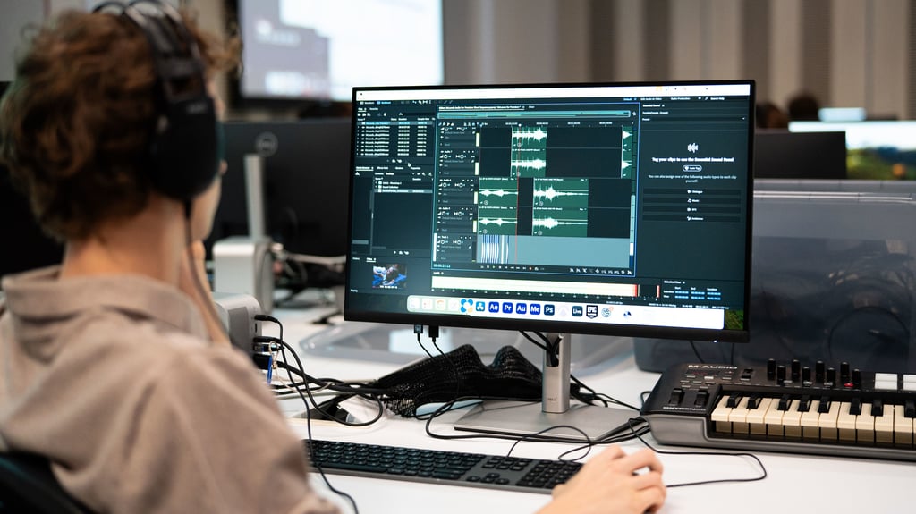 Student in sound room in front of computer and keyboard.