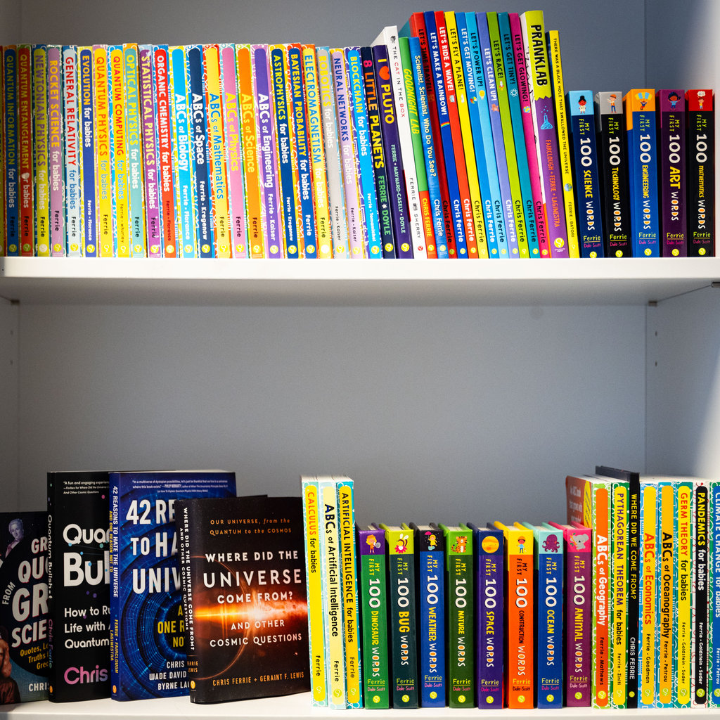 A bookshelf picturing Chris Ferrie's books - both adults and childrens