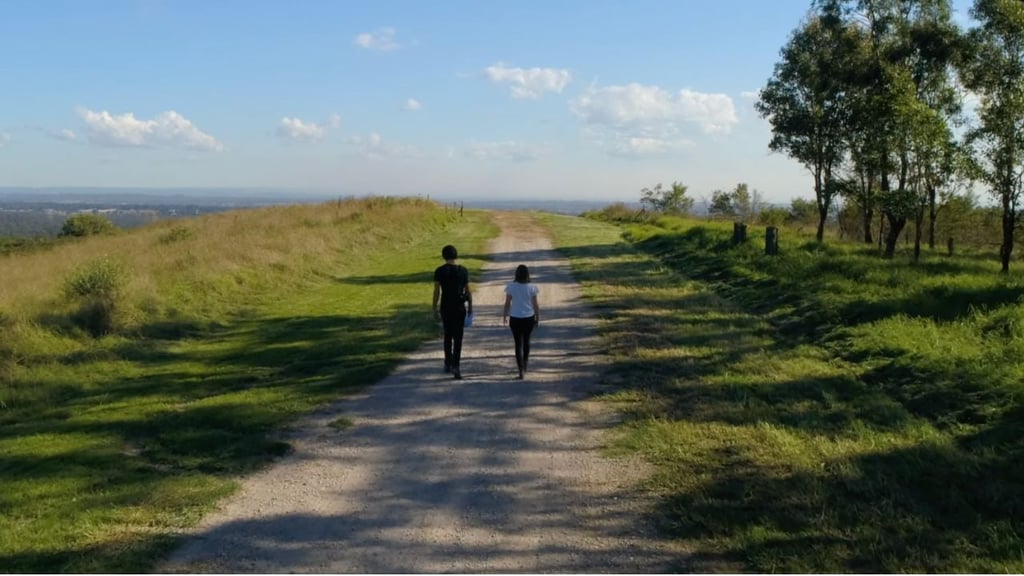 Two people walking through a field.