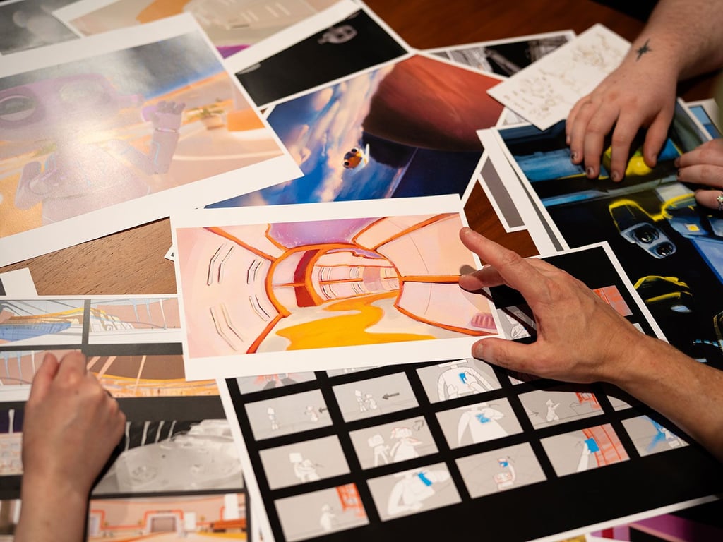 Animation students review concept drawings for the film Alone.