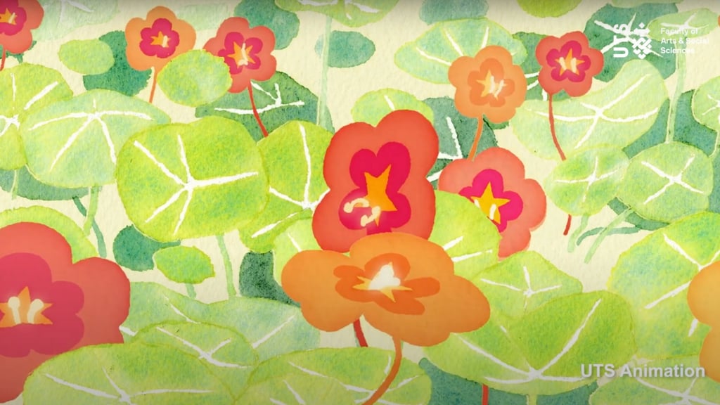 Illustrated image of red and orange flowers and green leaves.