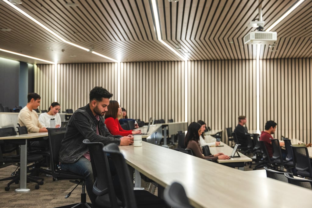 Students sitting in a tiered lecture theatre in the Engineering and Information Technology building.