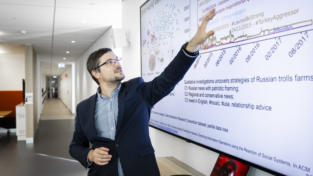 Dr Marian-Andrei Rizoiu, Associate Professor, Behavioural Data Science lab at UTS, discussing research with graphs and data.