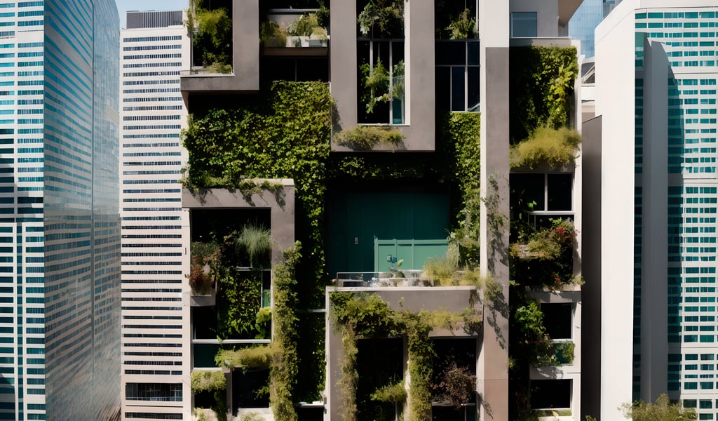 A modern building facade adorned with lush vertical gardens, set against a backdrop of glass and metal skyscrapers, creating a contrast of nature and urban life.
