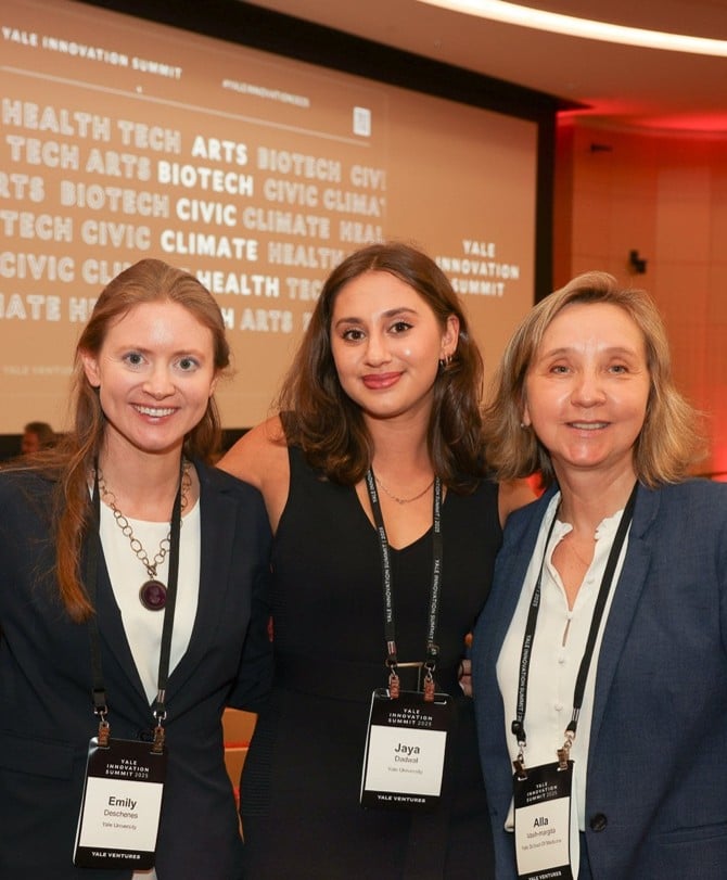 Emily and Jaya at their first pitch competition at the Yale Innovation Summit. They are pictured with medical advisor Dr Alla Vash