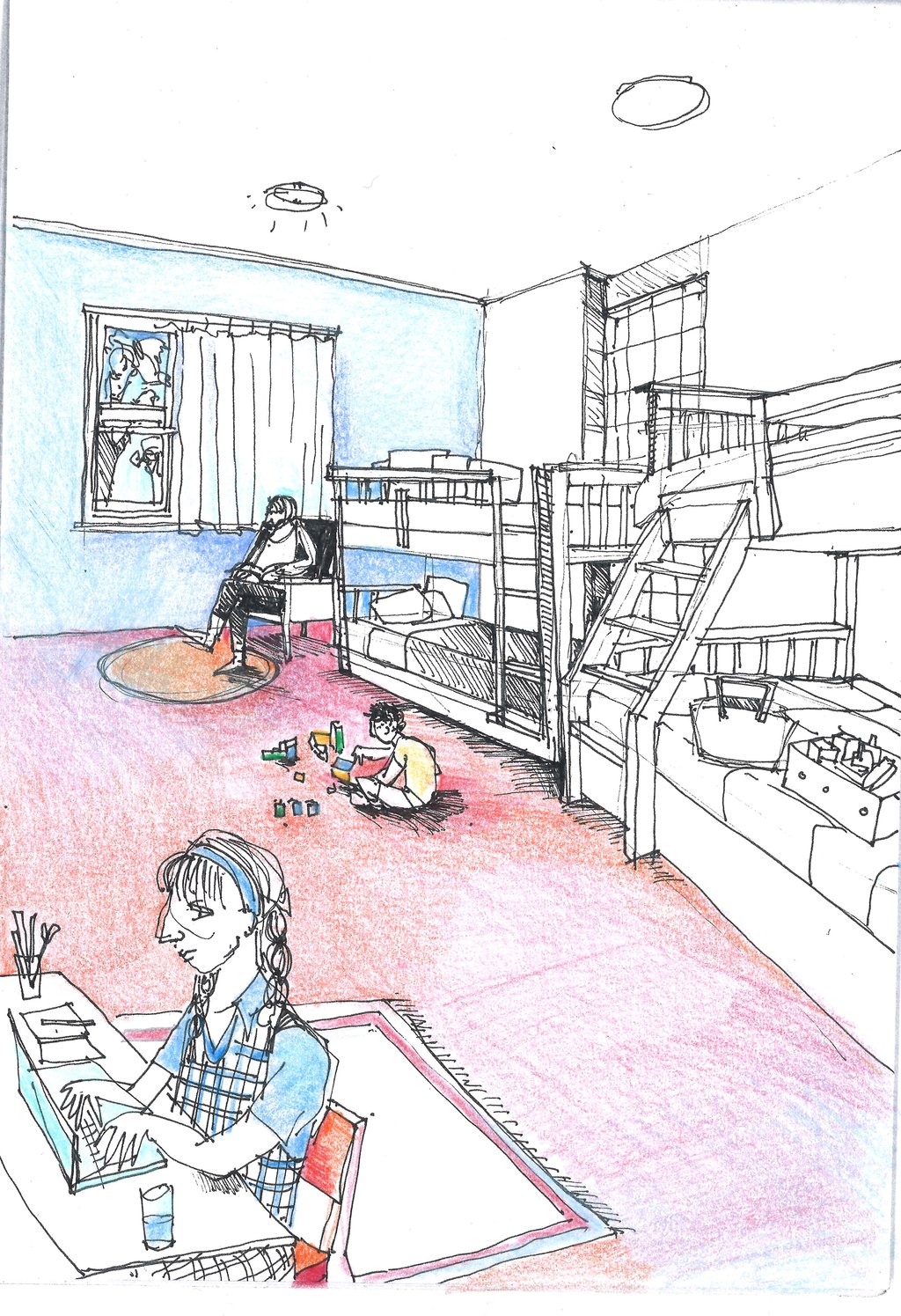Drawing from Dr Samantha Donnelly’s Design Guide showing child-focused refuge spaces.