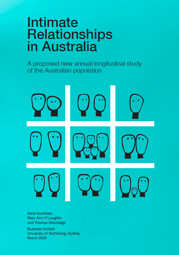 Cover of the report 'Intimate Relationships in Australia: A proposed new annual longitudinal study of the Australian population', published by the Business School, University of Technology Sydney, March 2026. Authors are Anne Summers, Mary Ann O'Loughlin and Thomas Shortridge. The cover features a teal background with a 3×3 grid of stylised figures representing different household and family configurations