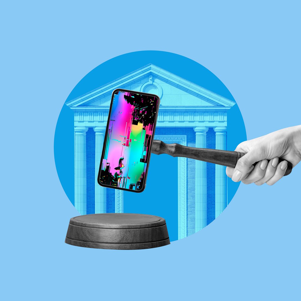 Collage of a mobile phone as a judge's gavel
