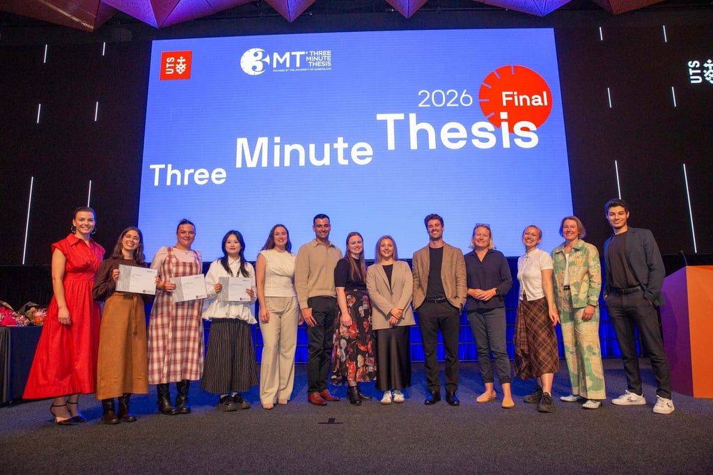 Group of 10 winners at the 2025 Three Minute Thesis Finals.
