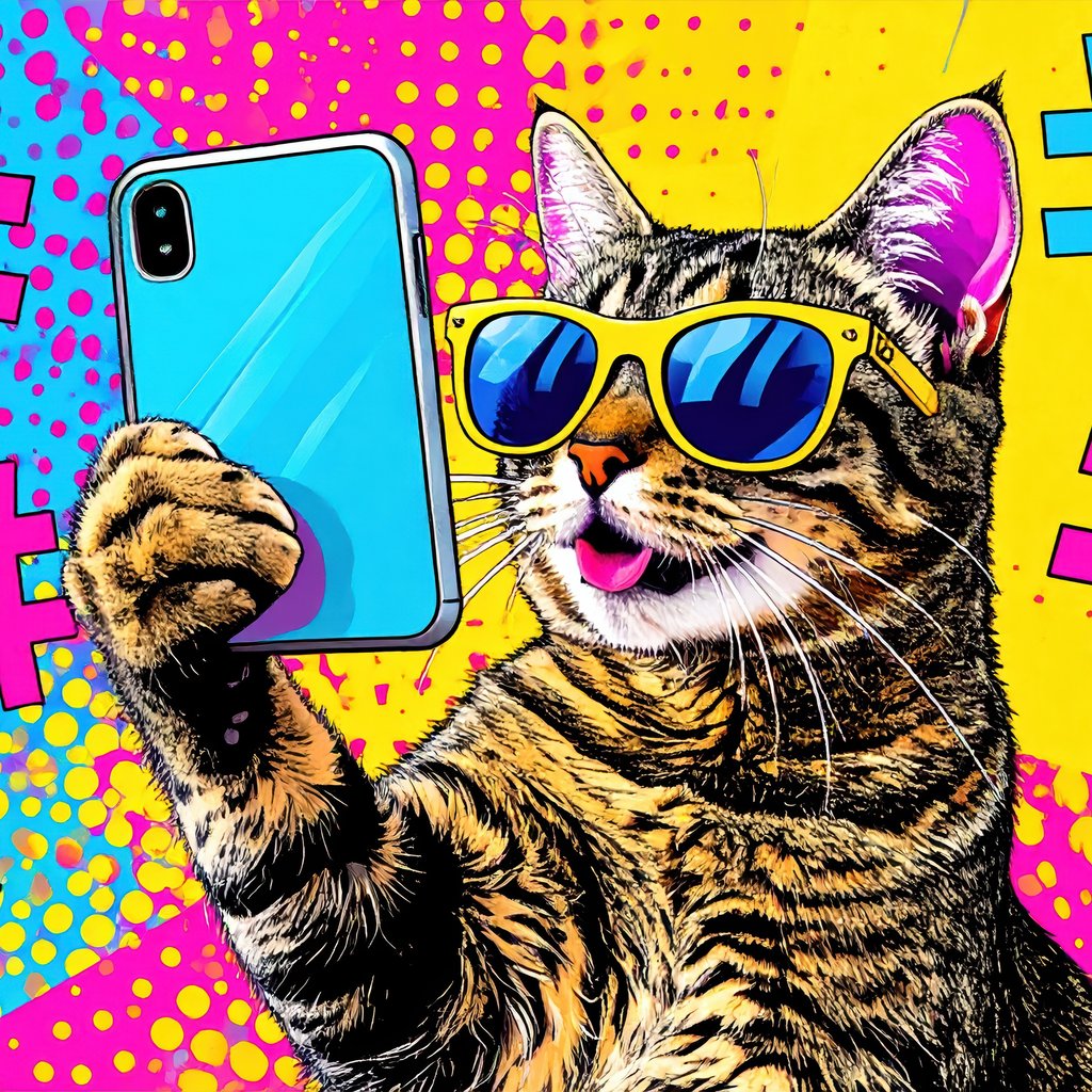 A comic styled illustration of a cool cat holding up its phone to do a selfie against a bold coloured background with hashtags