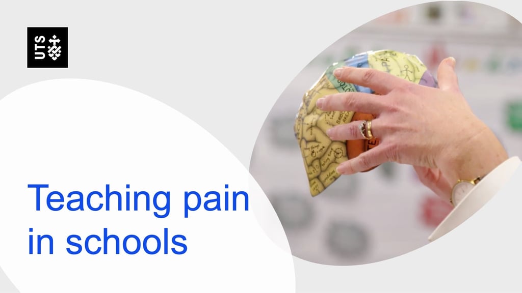 A hand holds a colourful brain model beside text reading "Teaching pain in schools." The tone is educational. UTS logo is in the top left corner.