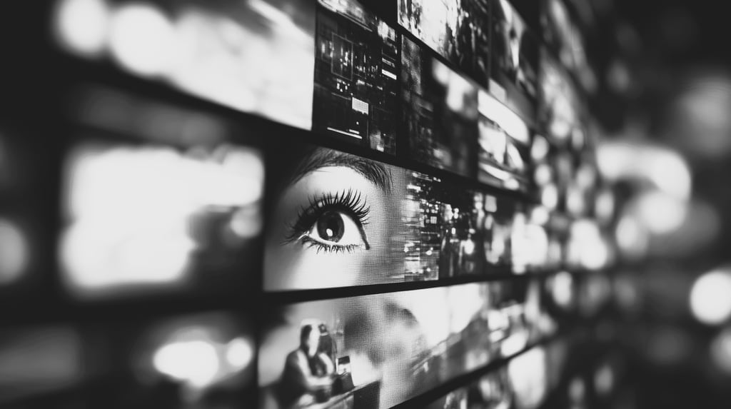 Black and white photo of wall encased with TV monitor screens, the screen centred contains a extreme close-up of an eye gazing out