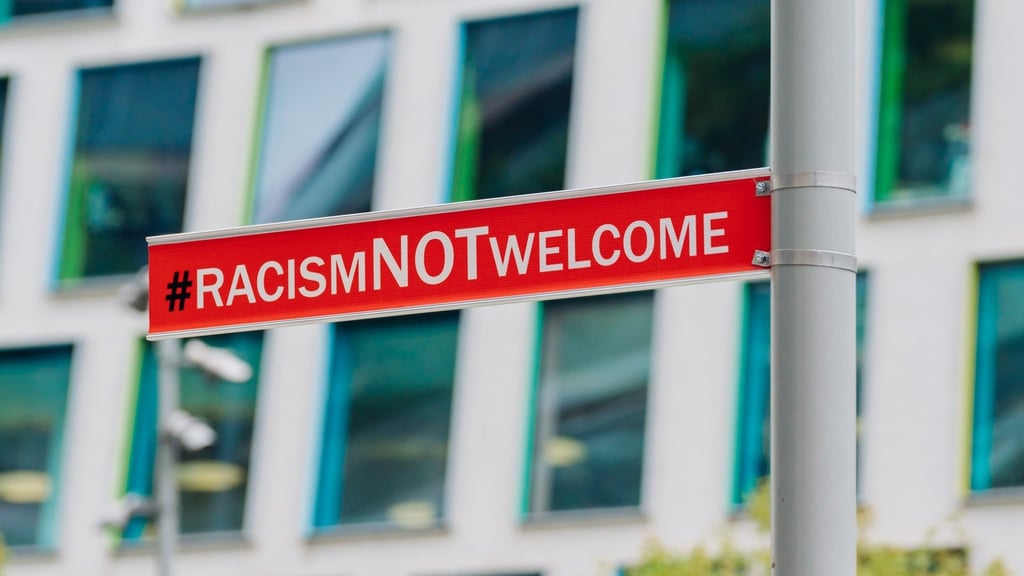 Signpost at the University of Technology Sydney that reads: "Racism NOT Welcome"