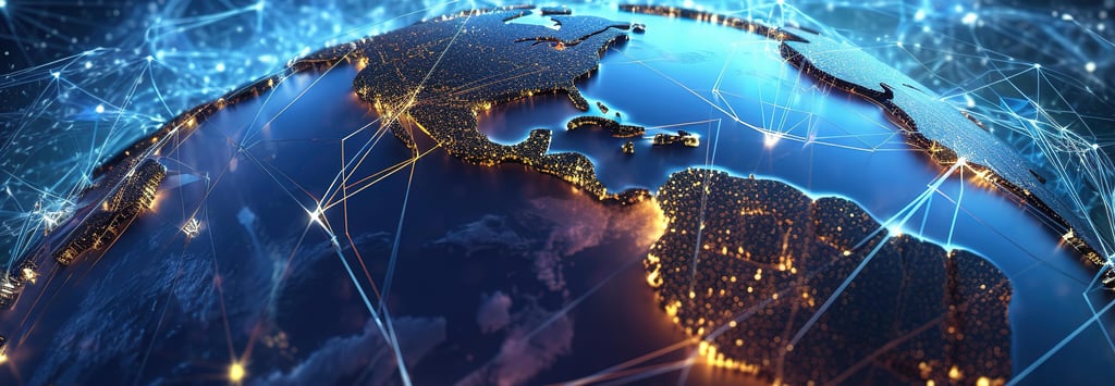 A blue globe with countries shown lit at night with network lines between them indicating interlinkages