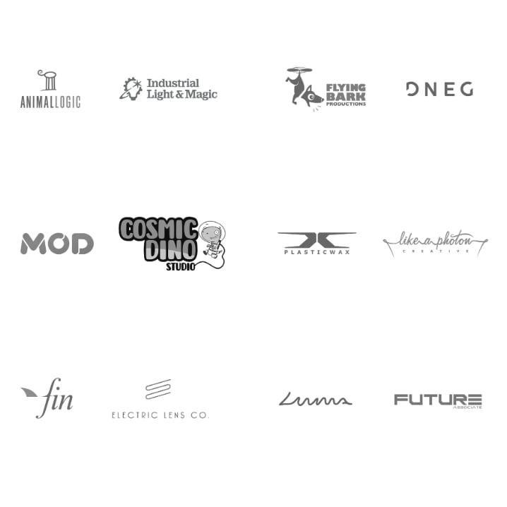 Logo grid featuring: 

Animal Logic
Industrial Light & Magic
Flying Bark Productions
DNEG
MOD
Cosmic Dino Studio
Plastic Wax
Like a Photon Creative
Fin
Electric Lens Co.
Luma
Future Associate