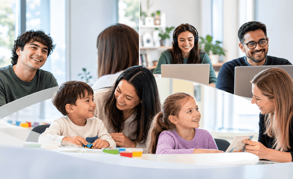 Composite image of smiling adults and children attending speech therapy sessions.