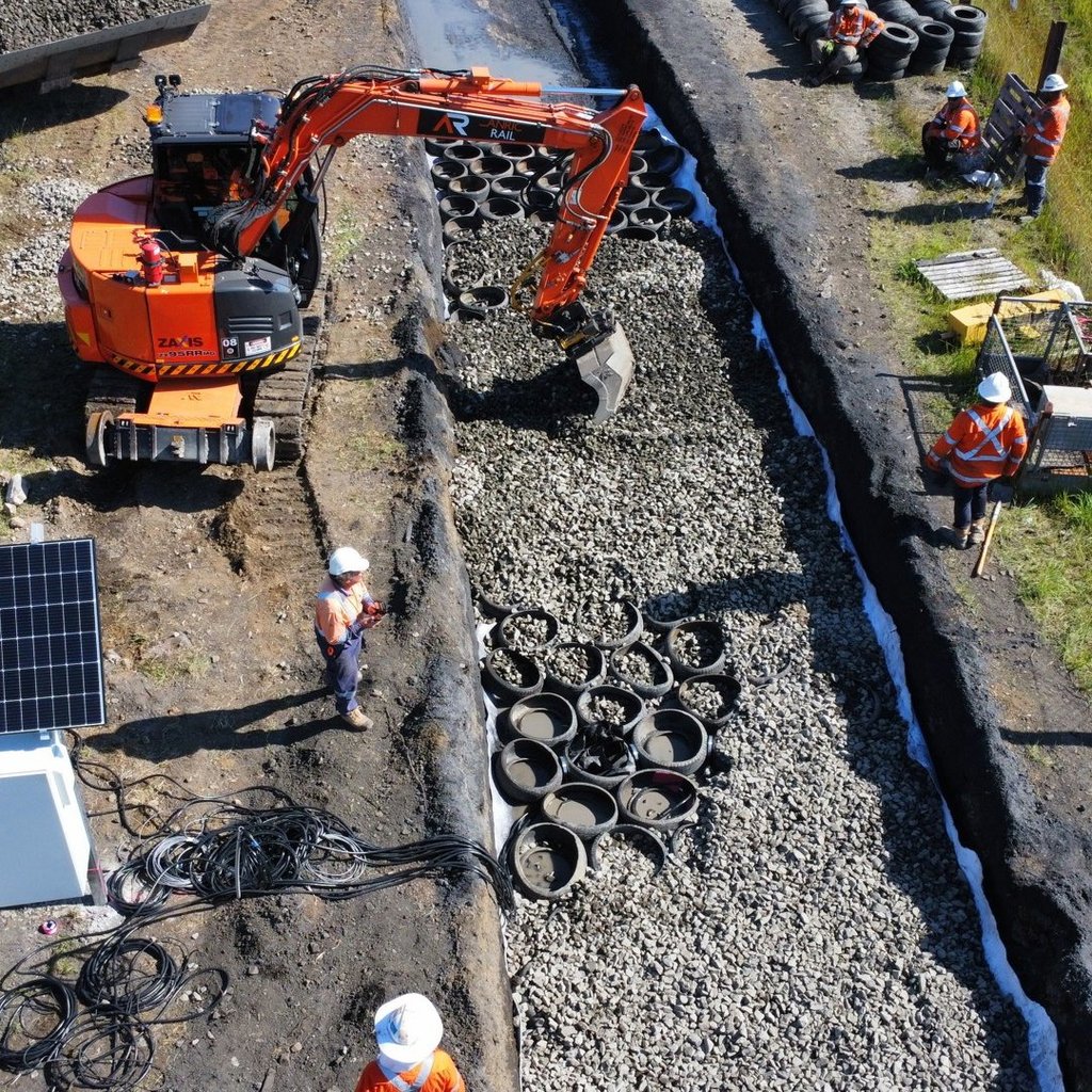 Aerial view of construction workers working on a railway track.