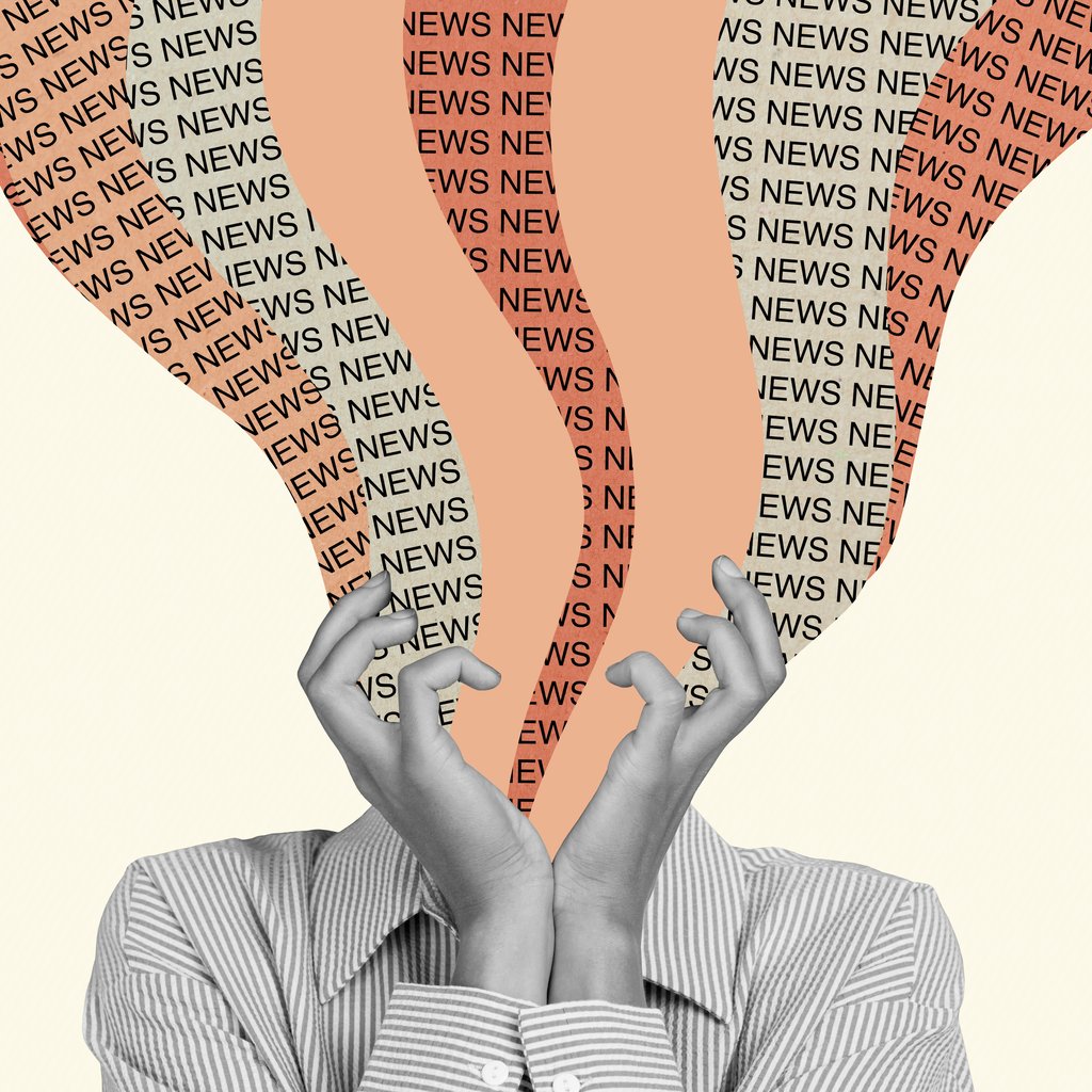 Collage of news waves held by hands running past the gaze