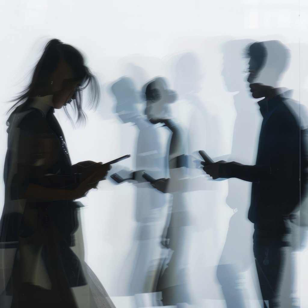 silhouettes of moving figures staring at phones