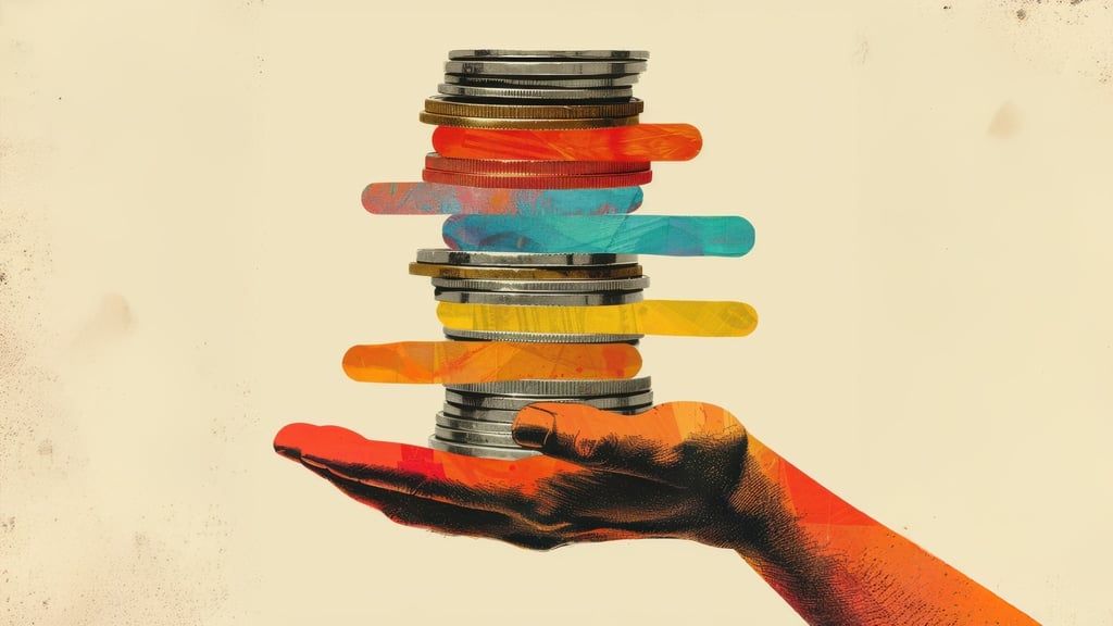 A collage of a hand holding a towering pile of coins with lines of coloured paint creating bars between coins