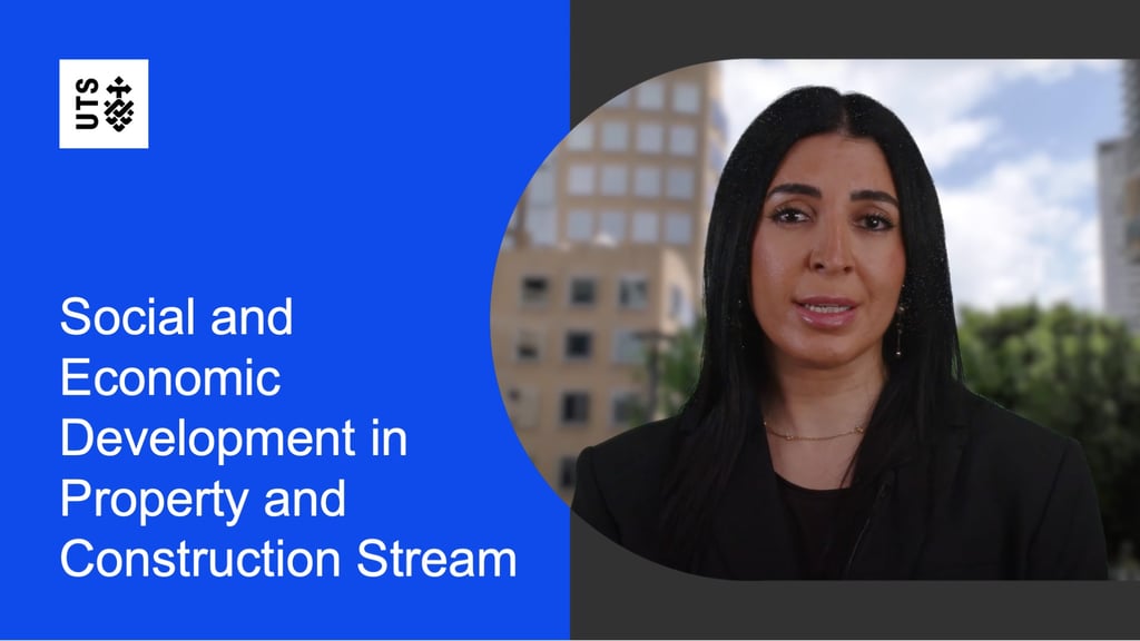 Split image with 'Social and Economic Development in Property and Construction Stream' in white on a blue background with UTS logo. On the right, a woman in speaks, set against a blurred outdoor background.