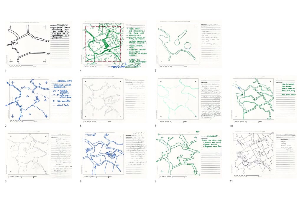 Various images of working drafts with hand drawn maps and hand notation.