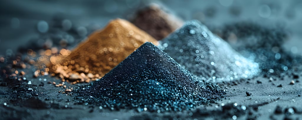 Extraction and refinement of precious rare earth elements. Four mounds of extracted minerals. Picture: Anastasiia/Adobe Stock