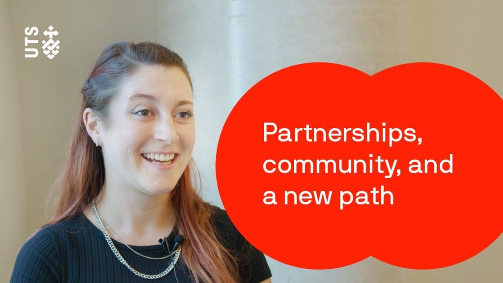 Video thumbnail. Student Mia Chiara Ellenberger with text: 'Partnerships, community and a new path'